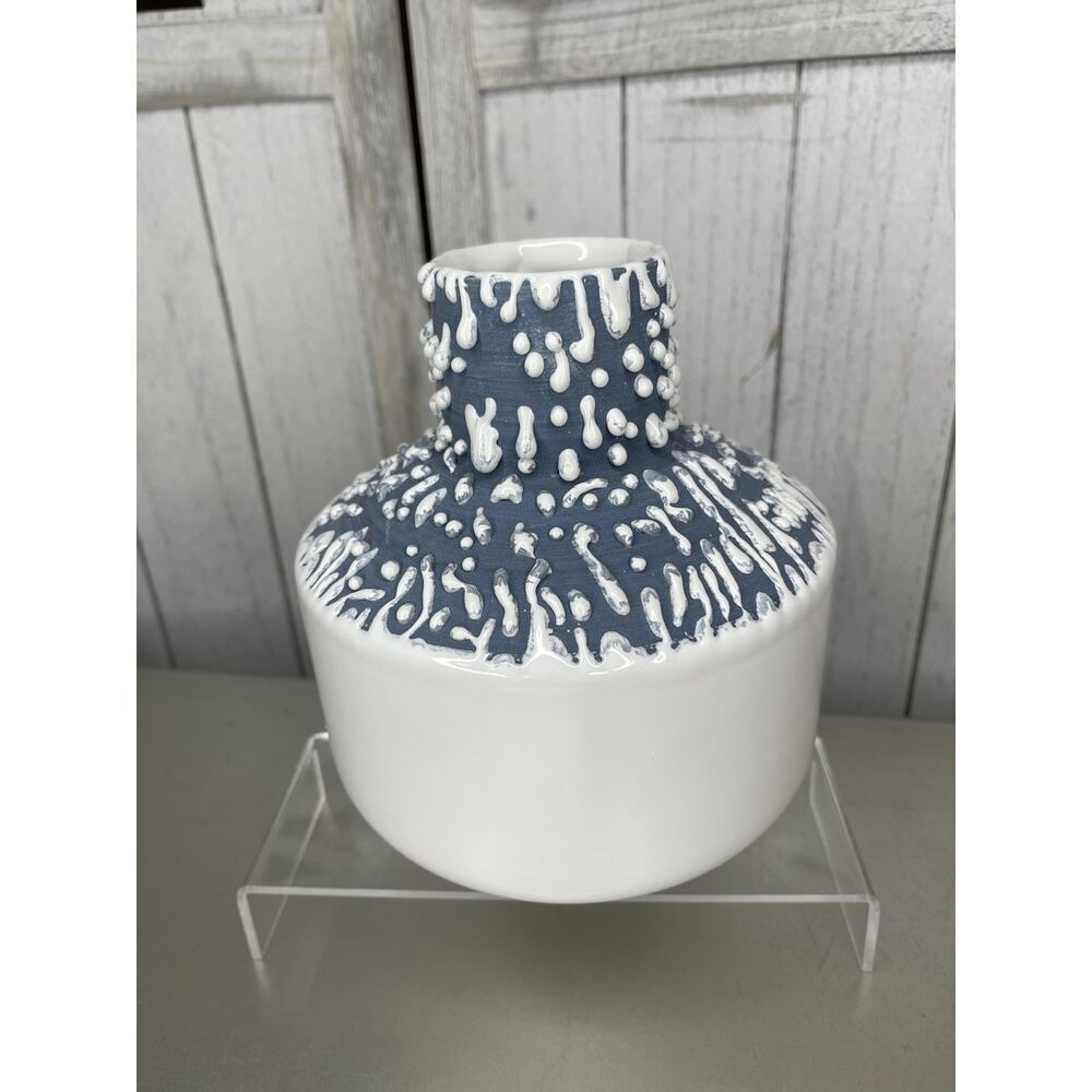 Crate & Barrel White and Blue Textured Drip Ceramic Vase Nautical Decor Portugal